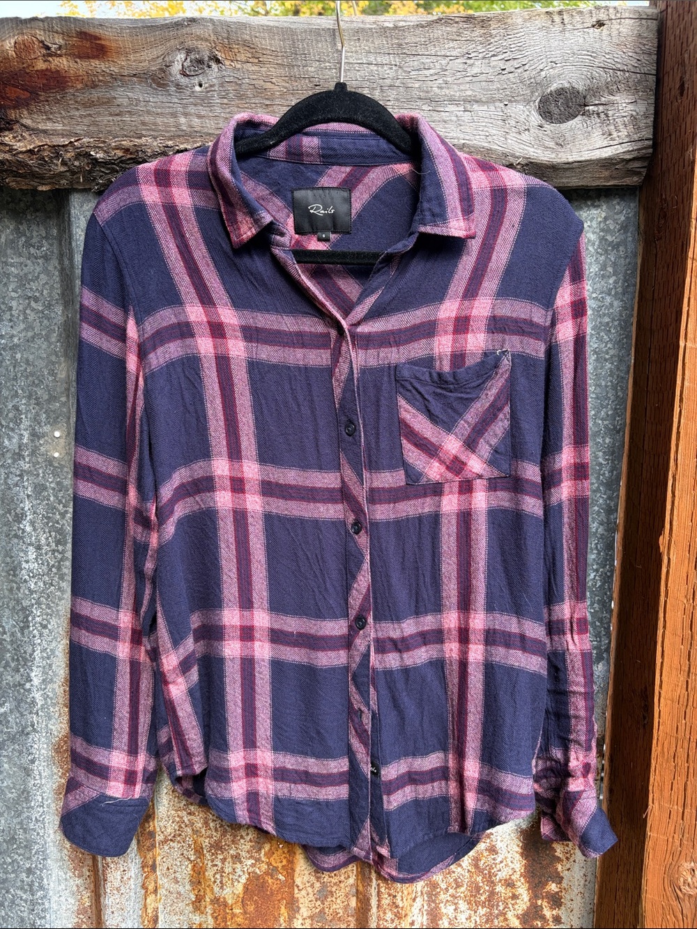 Rails Navy and Pink Plaid Button-Down Shirt Size Small